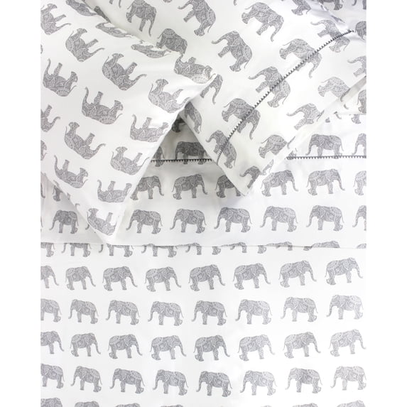 Melange Home Printed Design Cotton Collection 400 Thread Count Grey Elephants Embroidered Sheet Set California King