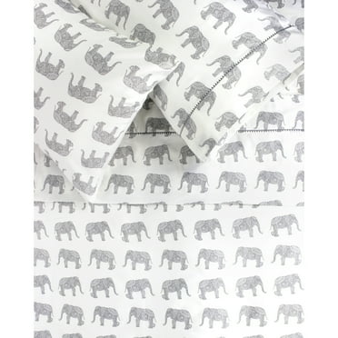 Melange Home Printed Design Cotton Collection 400 Thread Count Grey Elephants Embroidered Sheet Set King