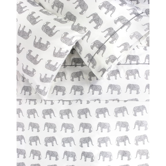 Melange Home Printed Design Cotton Collection 400 Thread Count Grey Elephants Embroidered Sheet Set Queen