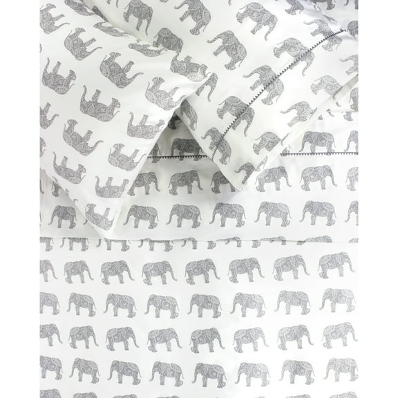 Melange Home Printed Design Cotton Collection 400 Thread Count Grey Elephants Embroidered Sheet Set Twin
