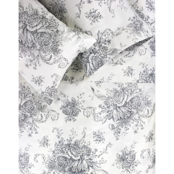 Melange Home Printed Design Cotton Collection 400 Thread Count Grey Toile Bed Sheet Set California King