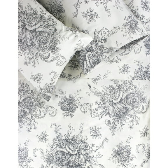Melange Home Printed Design Cotton Collection 400 Thread Count Grey Toile Bed Sheet Set California King