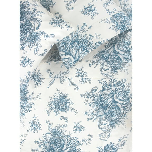 Melange Home Printed Design Cotton Collection 400 Thread Count Light Blue Toile Bed Sheet Set King