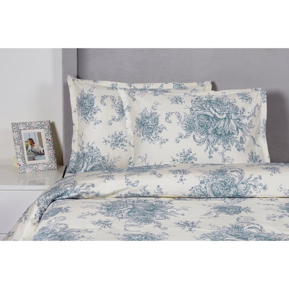 Melange Home Printed Design Cotton Collection 400 Thread Count Light Blue Toile Duvet Set Full - Queen 3 Piece