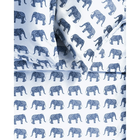 Melange Home Printed Design Cotton Collection 400 Thread Count Navy Elephants Duvet Set King