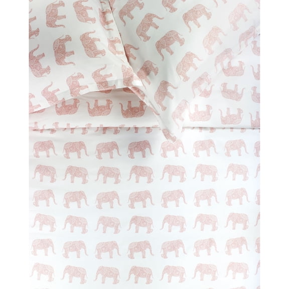 Melange Home Printed Design Cotton Collection 400 Thread Count Pink Elephants Duvet Set Twin 2 Piece