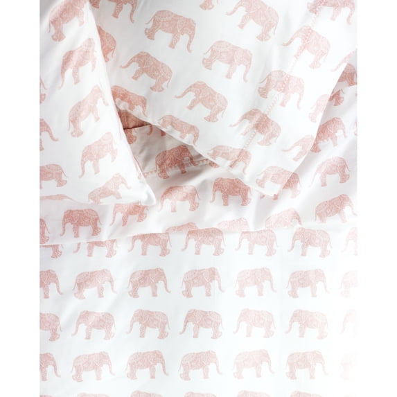 Melange Home Printed Design Cotton Collection 400 Thread Count Pink Elephants Embroidered Bed Sheet Set California King