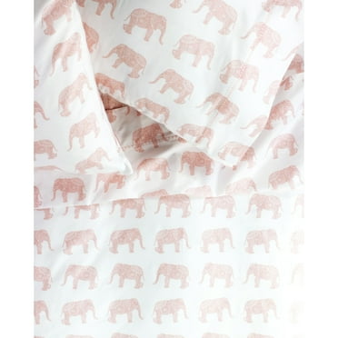 Melange Home Printed Design Cotton Collection 400 Thread Count Pink Elephants Embroidered Bed Sheet Set Twin