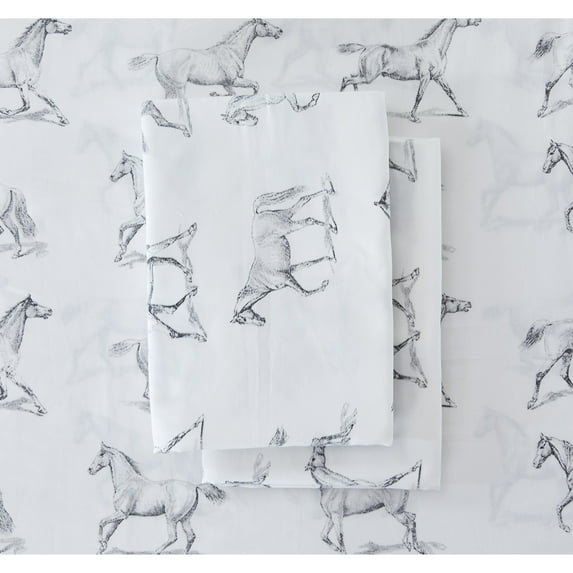 Melange Home Printed Design Cotton Collection 400TC Pleat Horses Bed Sheet Set Queen