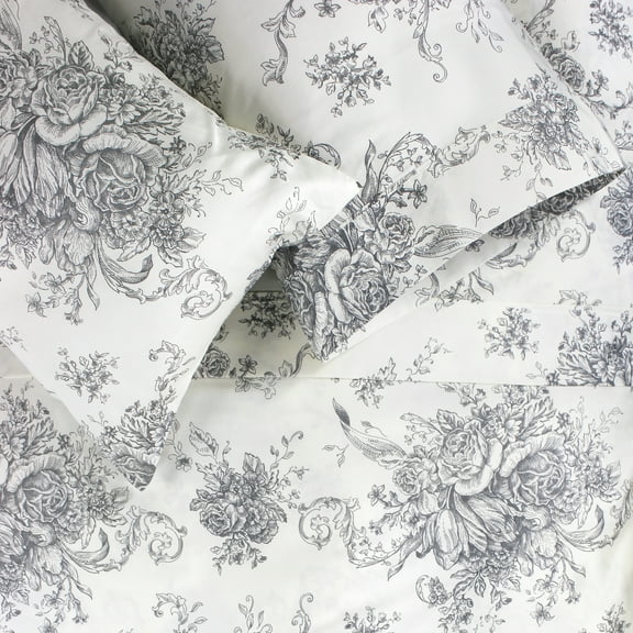 Melange Home Printed Floral Design Cotton Collection Sheet Set and Pillowcases Toile Grey - Full