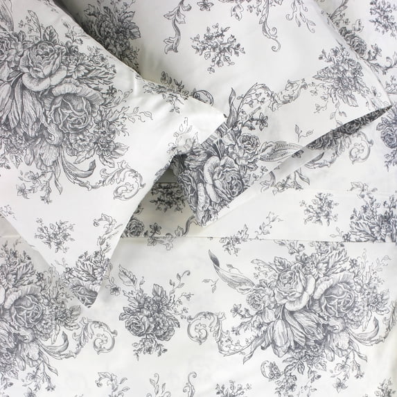 Melange Home Printed Floral Design Cotton Collection Sheet Set and Pillowcases Toile Grey - Queen