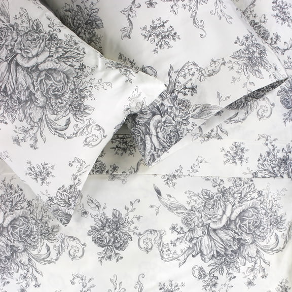 Melange Home Printed Floral Design Cotton Collection Sheet Set and Pillowcases Toile Grey - Twin