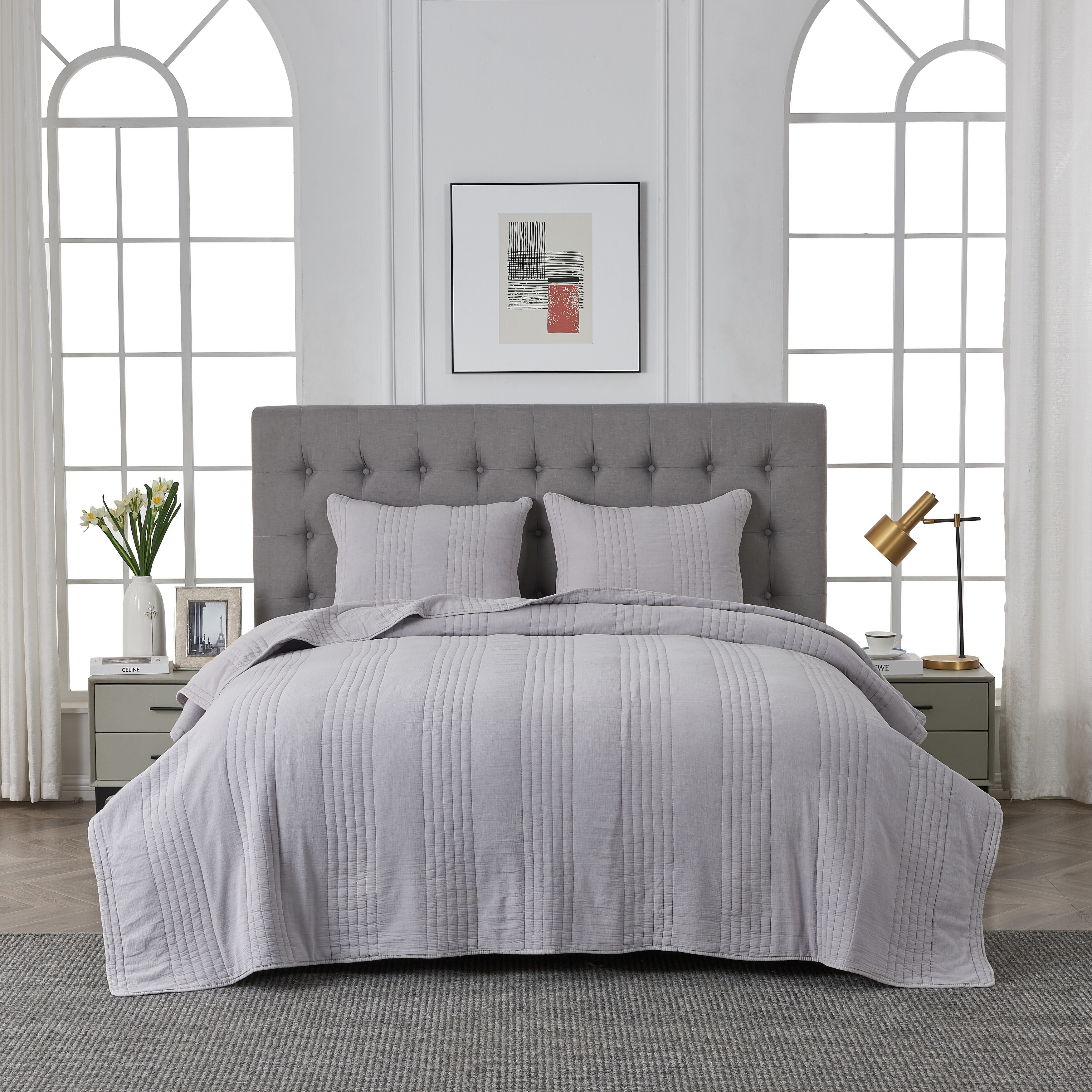 Melange Home Stonewash Classic Cotton Quilt & Coverlet Set Light Grey