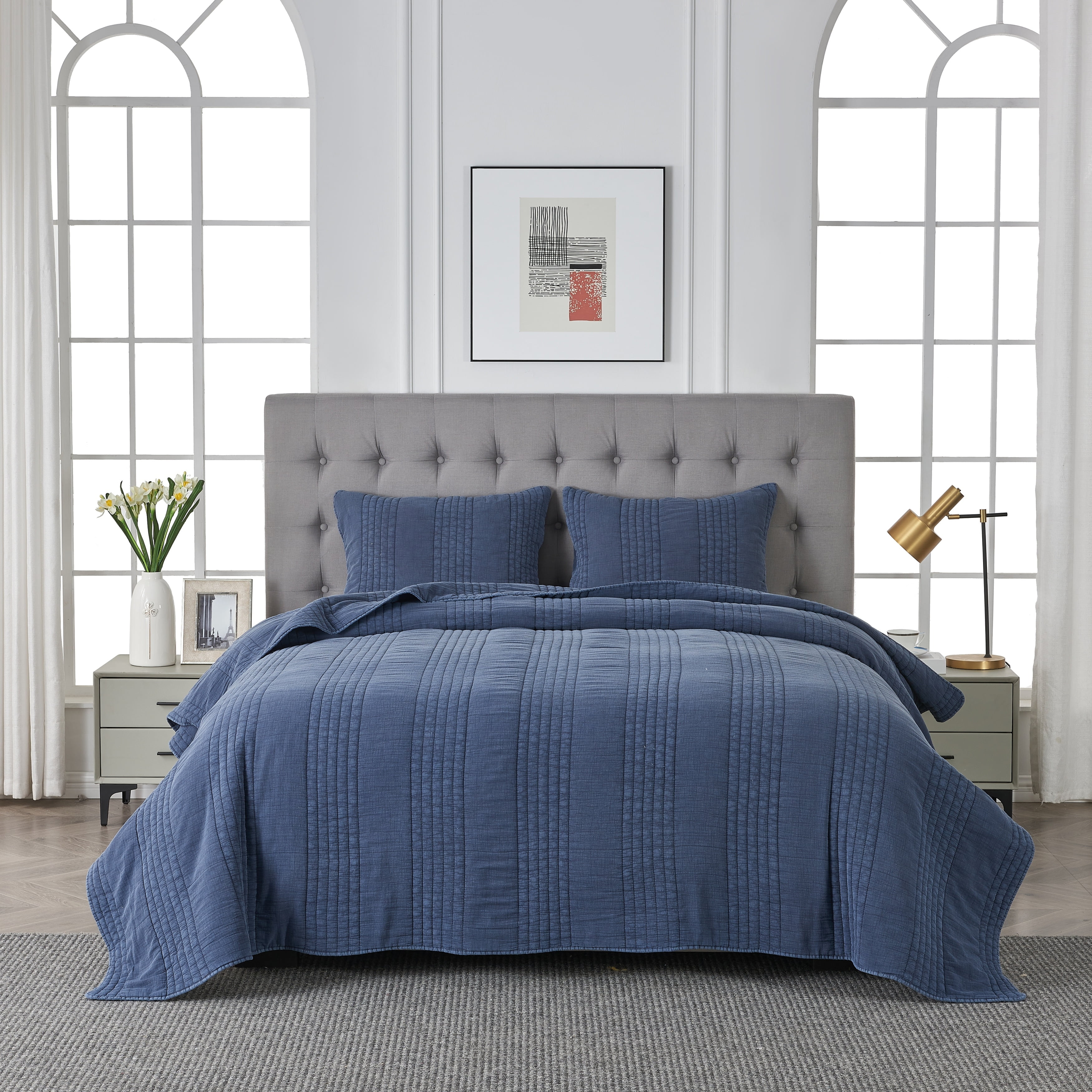 Navy Full Cotton Quilt Set with Standard Shams