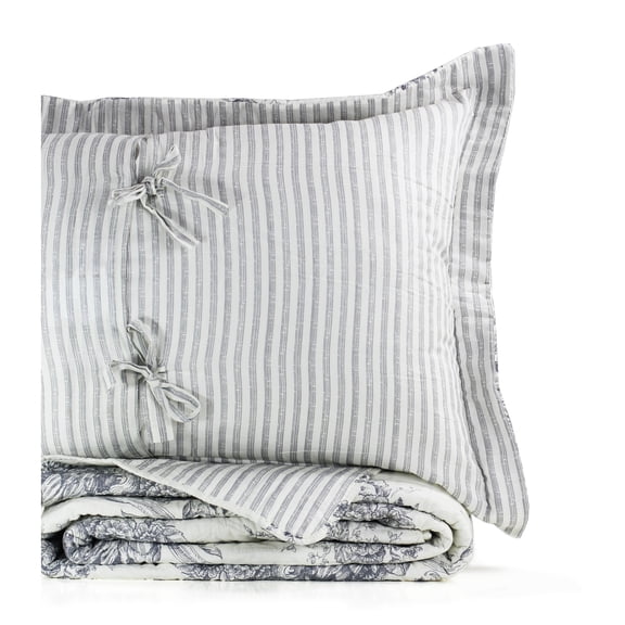 Melange Home Toile and Bamboo Stripes Reversible Cotton Quilt Set Grey Full - Queen 3 Piece