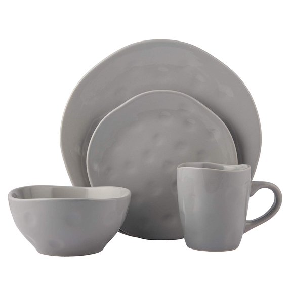 Melange Stoneware 16-Piece Dinnerware Set | Irregular Shape Collection | Service for 4 | Microwave, Dishwasher & Oven Safe | Dinner Plate, Salad Plate, Soup Bowl & Mug, Grey (4 Each)