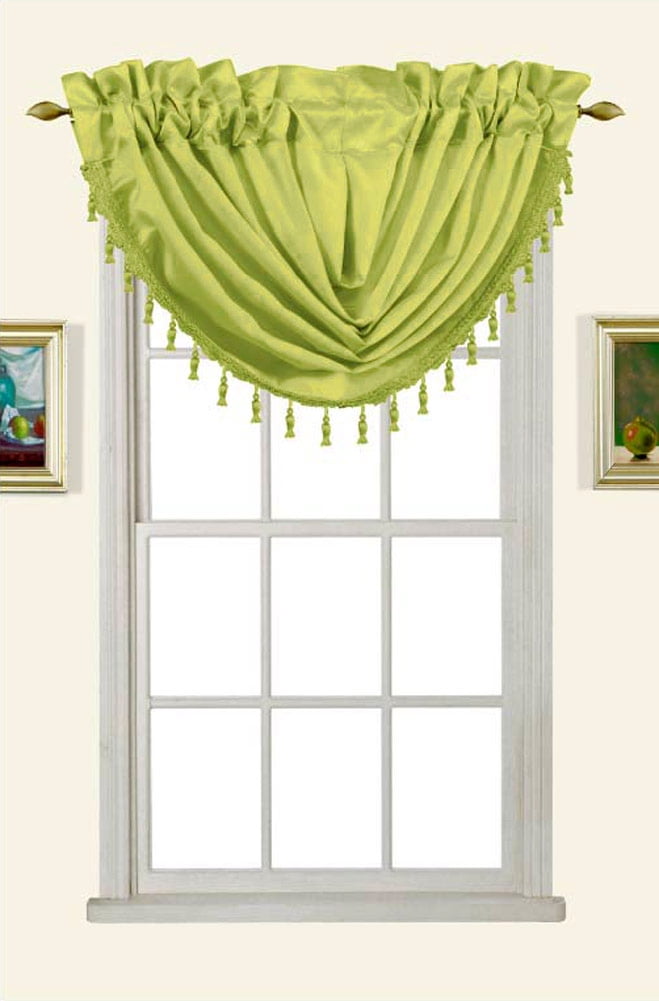 Melanie Faux Silk Rod Pocket Waterfall Valance With Tassels, Lime Green, 58x37