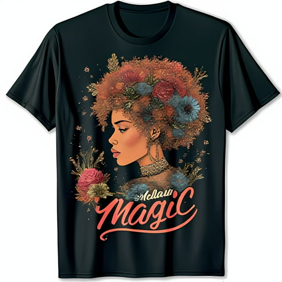 Melanin Magic T-Shirt Empowering Design with Vibrant Hair & Colorful Flowers