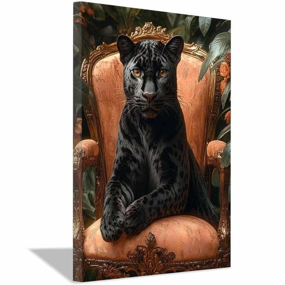 Melanistic Black Leopard Resting Gilded Orange Antique Armchair Dark Foliage Canvas Wall Poster,Gothic Luxe tiger Art for Entryway Studio Ready to Hang-12"L x 8"W