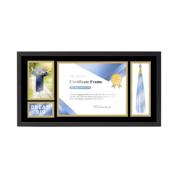 Melannco 23X12-inch 4-opening Black MDF Wood Document/Diploma Frame, Holds One 8.5X11, One 4X6 and One 2.5X3 Photo