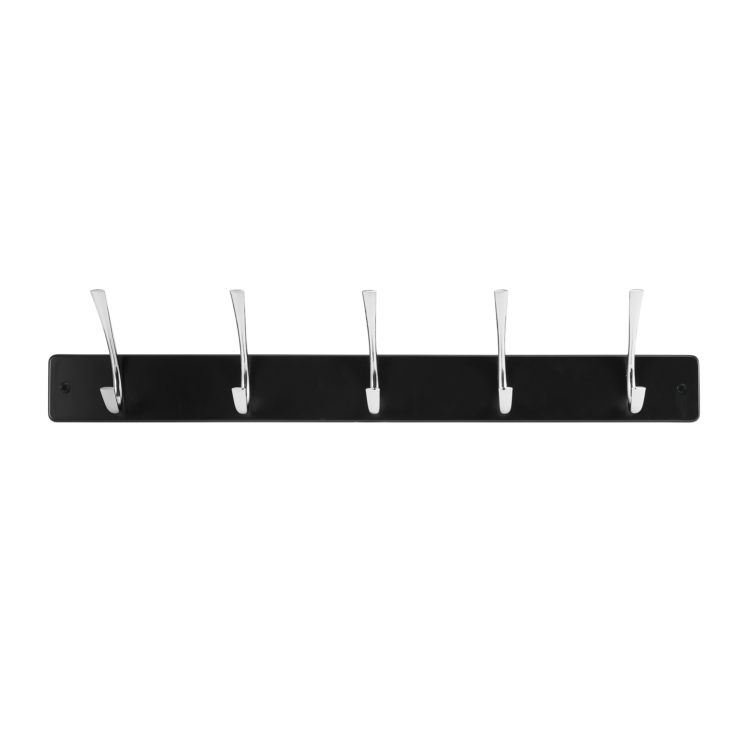 Melannco 27X5 Inch Wall Mount MDF Coat Rack With 5 Silver Metal  Hooks Black