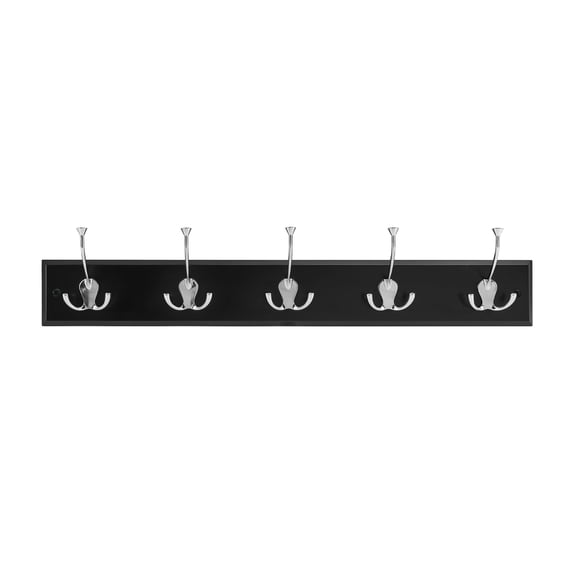 Melannco 27X5 Inch Wall Mount MDF Coat Rack With 5 Silver Metal Hooks Black