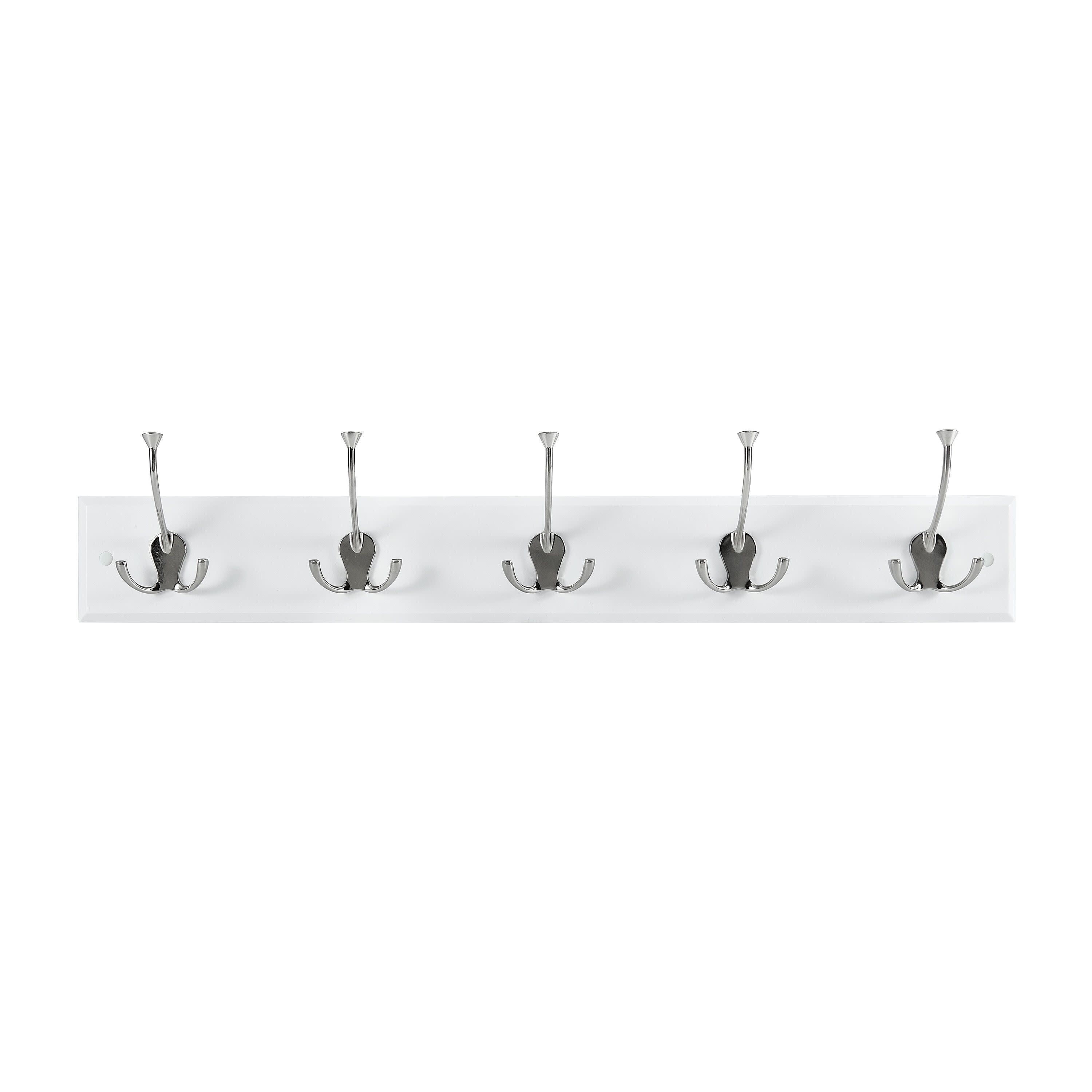 White Wall Mounted Coat Rack with 5 Silver Metal Hooks