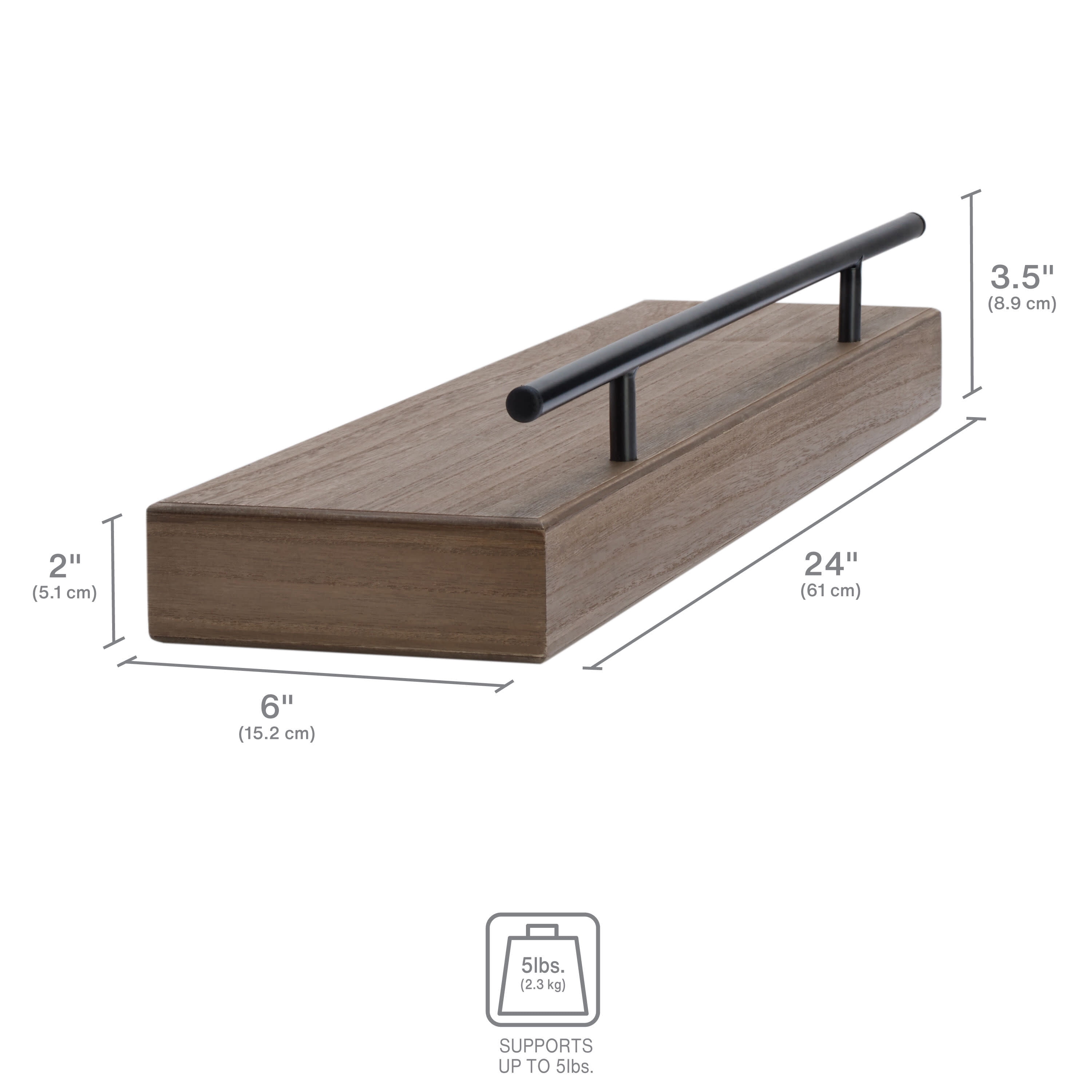 Natural Brown Wood Floating Shelf with Metal Railing, 24-Inch
