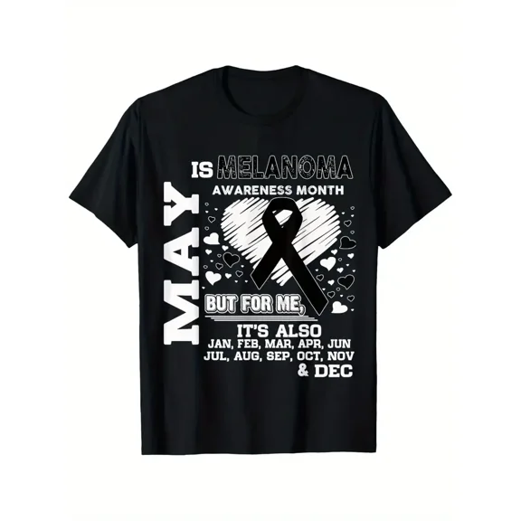 Melanoma Awareness Month T-Shirt - May is Melanoma Awareness Month & Light Beige Cancer Shirt with Ribbon & Melanoma Stats - Heavyweight 180gsm Cotton Tee for Men, Women