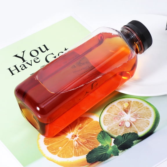 Melantax 4 Pack PET Plastic Empty Storage Containers with Lids Beverage Bottles Juice Bottle Jars (Black Bottle Caps)