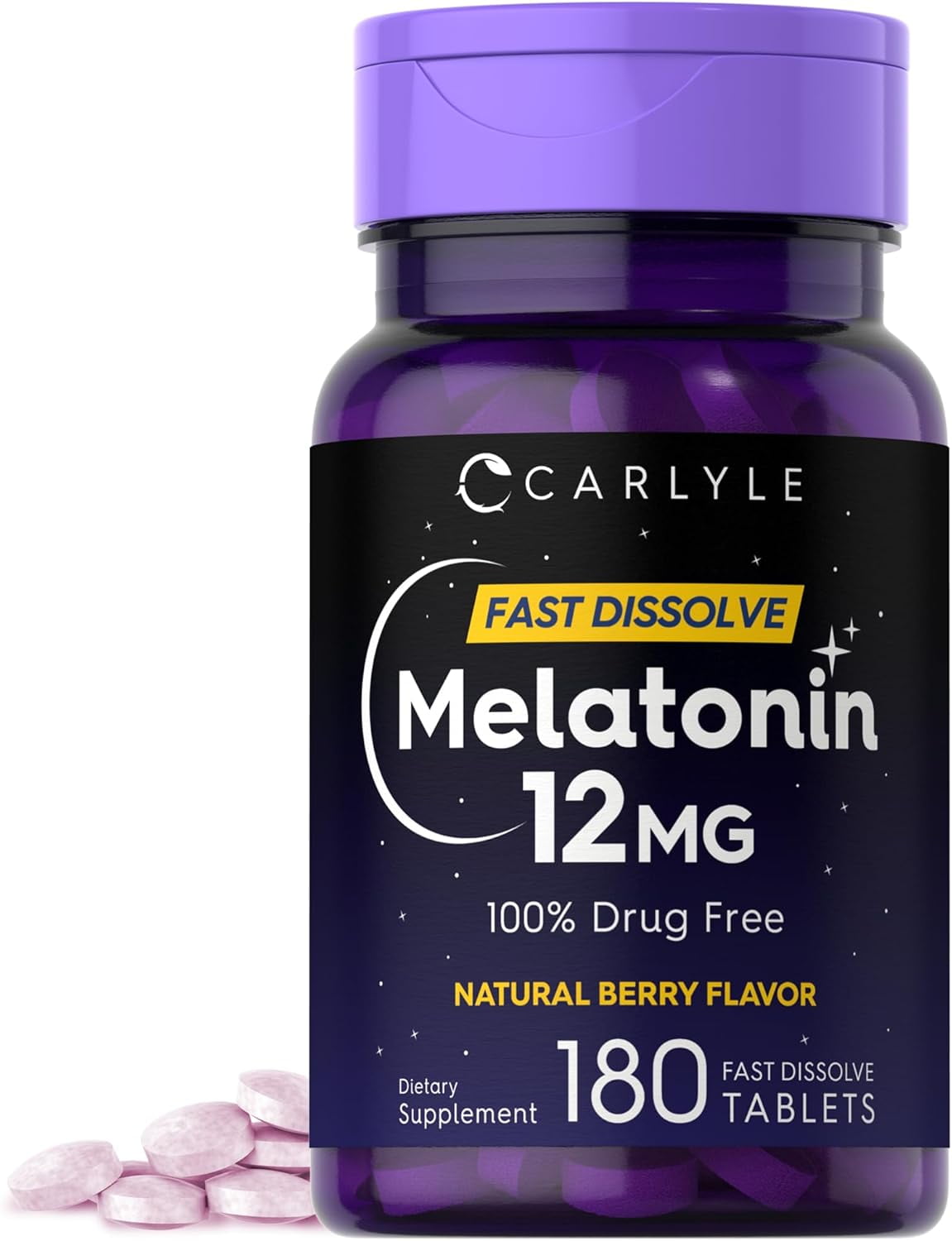 Melatonin 12 mg 180 tablets | Berry Flavor | Vegetarian Supplement for Men and Women | by Carlyle