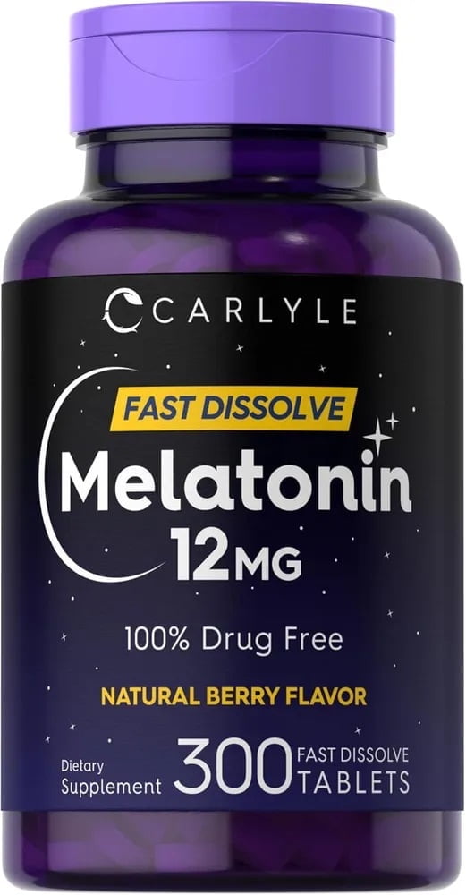 Melatonin 12 mg | 300 Tablets for Men and Women | Berry Flavor | by Carlyle