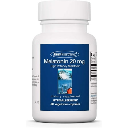 Allergy Research Group Melatonin 20mg - Pure Melatonin, Extra Strength for Adults, Sleep Aid, High Dose, Vegetarian Capsules - 60 Count