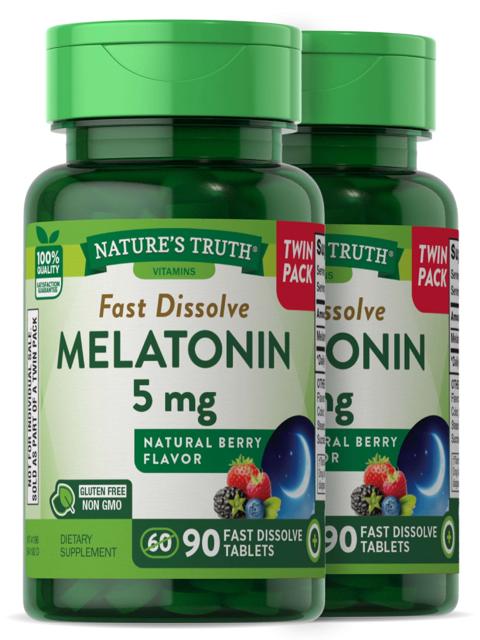 Melatonin 5 mg | 180 Fast Dissolve Tablets (2 X 90 Twin Pack) | Nighttime Sleep Aid | Berry Flavor | by Nature's Truth