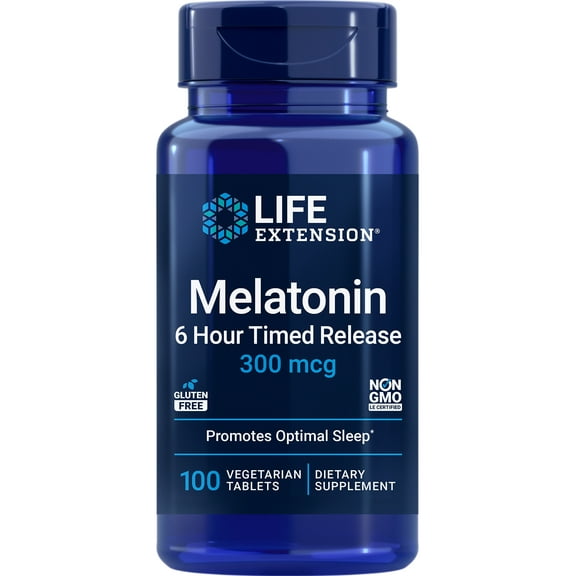 Life Extension Melatonin 6 Hour Timed Release, 300 mcg, extended-release formula for gentle sleep support, healthy circadian rhythms, cellular defense, gluten-free, non-GMO, vegetarian, 100 tablets