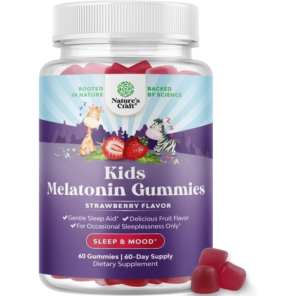 Natures Craft Sleep & Mood Kids Melatonin Gummies, Strawberry Flavor, 60 Count