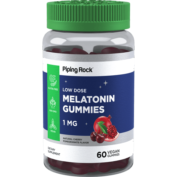 Melatonin Gummies 1mg | 60 Count | Cherry Pomegranate Flavor for Men and Women | by Piping Rock