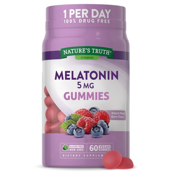 Melatonin Gummies | 5mg | 60 Count | Vegan, Non-GMO & Gluten Free Supplement | Mixed Berry Flavor | by Nature's Truth