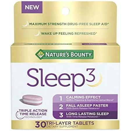Melatonin by Nature's Bounty, Sleep3 Maximum Strength 100% Drug Free Sleep Aid, Dietary Supplement, L-Theanine & Nighttime Herbal Blend Time Release Technology, 10mg, 30 Tri-Layered Tablets