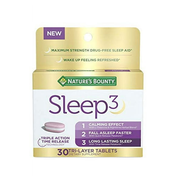 Melatonin by Nature's Bounty, Sleep3 Maximum Strength 100% Drug Free Sleep Aid, Dietary Supplement, L-Theanine & Nighttime Herbal Blend Time Release Technology, 10mg, 30 Tri-Layered Tablets