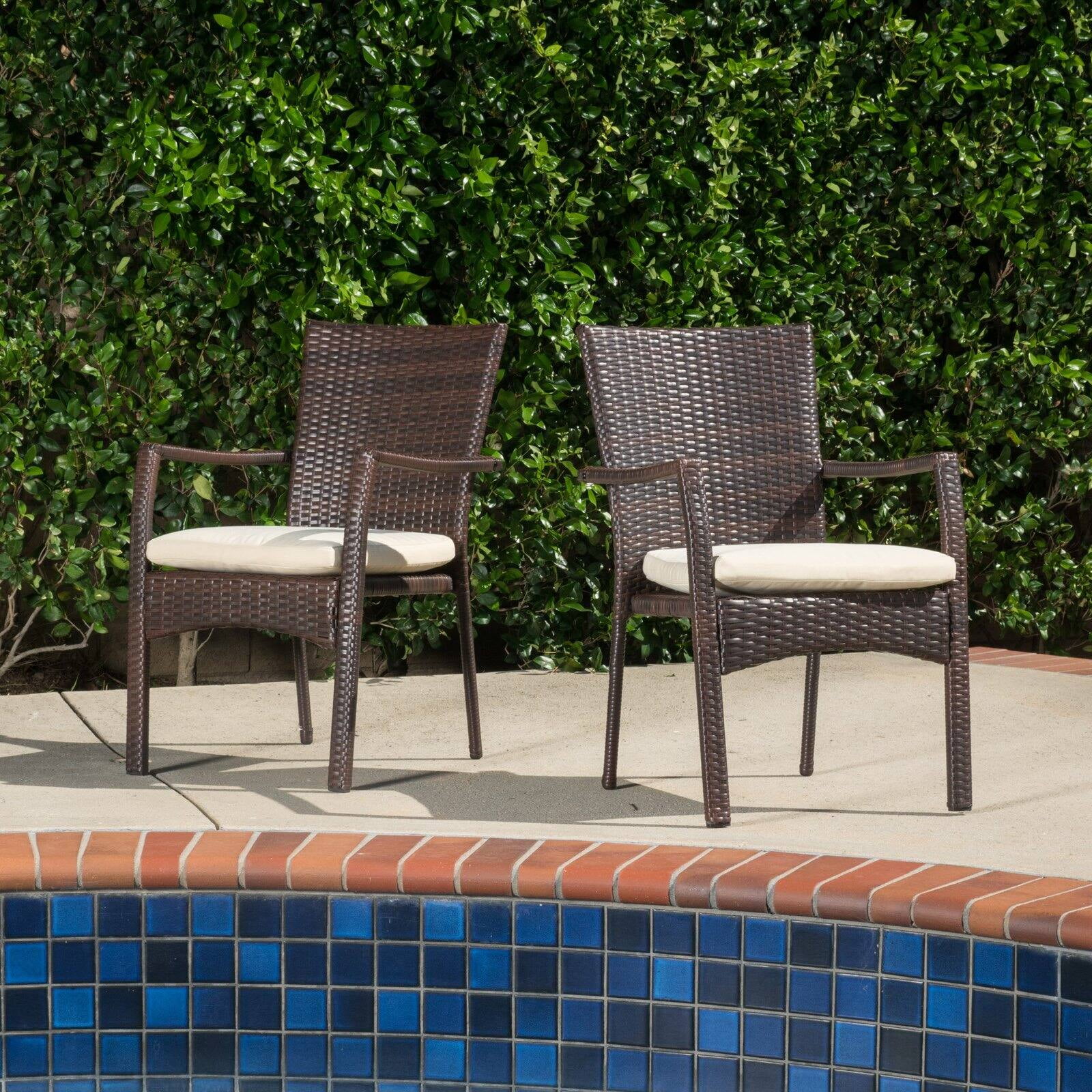BUNGALOW ROSE Melba Outdoor Brown Wicker Dining Chair with Beige Cushion (Set of 2)