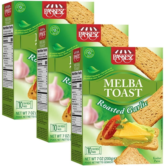 Melba Toast, Flatbread Toast Crackers - Roasted Garlic - All Natural Thin and Crispy Flatbread Crackers - Non-GMO, 7 Oz, Pack of 3