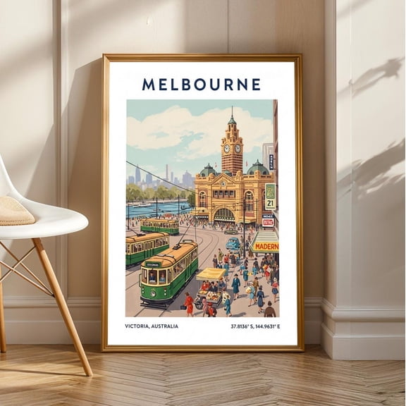 Melbourne Flinders Street Station Print: Retro Australian Cityscape Art, Stretched Canvas Size 8x12