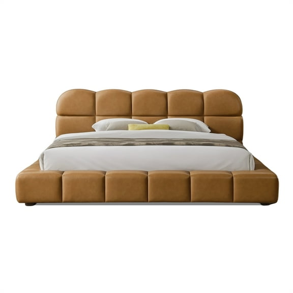 Melbourne King Size Leather Platform Bed with Curved Tufted Headboard in Tan