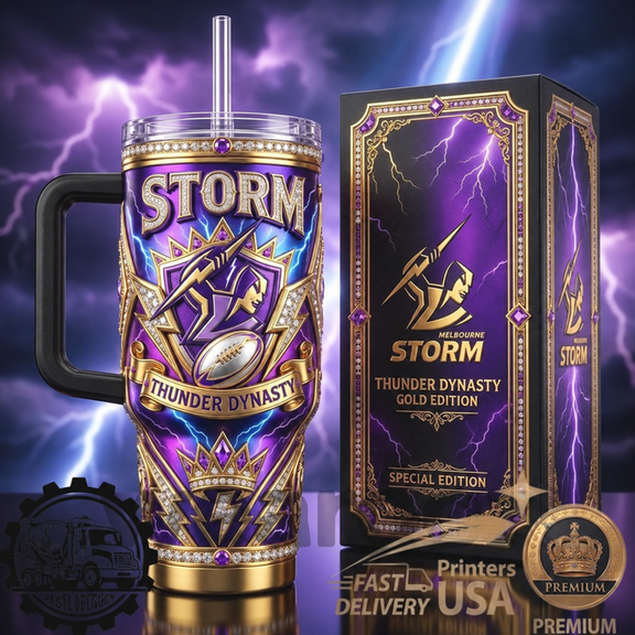 Melbourne Storm Lightning Bolt Thunder Dynasty Gold Tumbler