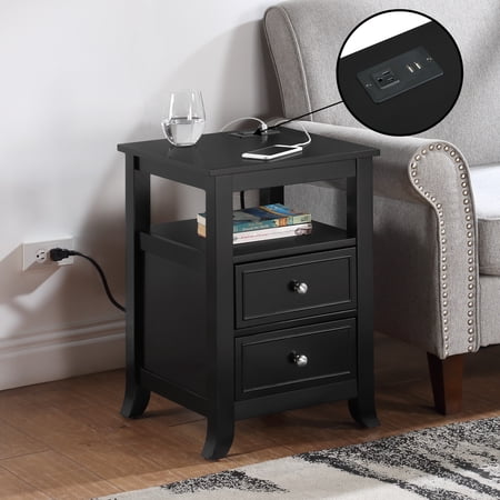 Convenience Concepts 24x15.75" Melbourne 2-Drawer End Table with Charging Station, Modern Black Wood