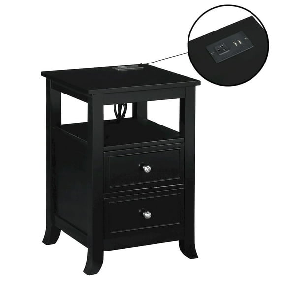 Convenience Concepts 24x15.75" Melbourne 2-Drawer End Table with Charging Station, Modern Black Wood