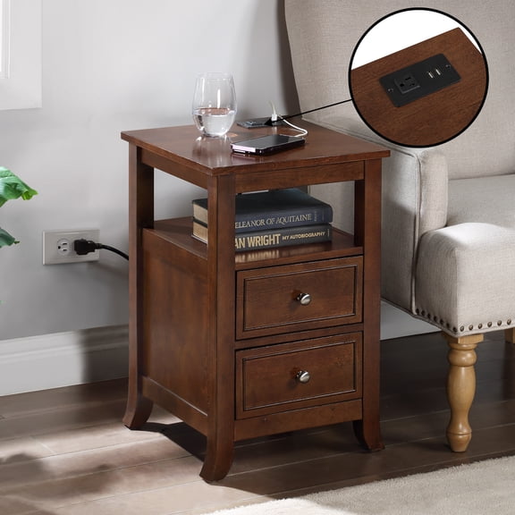 Convenience Concepts Melbourne 2 Drawer End Table with Charging Station and Shelf, Espresso