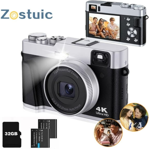 Zostuic 48MP 4K Digital Camera with Viewfinder, Dial & Autofocus - Anti-Shake Vlogging & Travel Photography, Includes 32GB SD Card & 2 Batteries (Black)