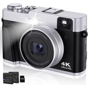 Melcam 4K Digital Camera with Viewfinder Flash & Dial, 48MP Autofocus Anti-Shake Vlogging Camera with 32 SD Card & 2 Batteries